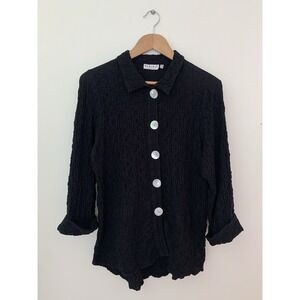 Habitat Button Down Black Big Pearl Buttons Sz L Crinkle Stretch Lagenlook Artsy